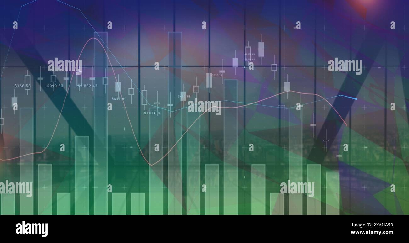 Image of financial data processing over cityscape Stock Photo