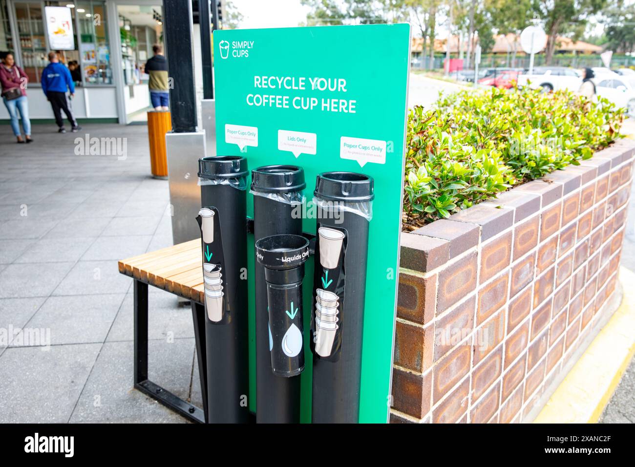 Recycle takeaway coffee cups station at Plumpton shopping mall, help