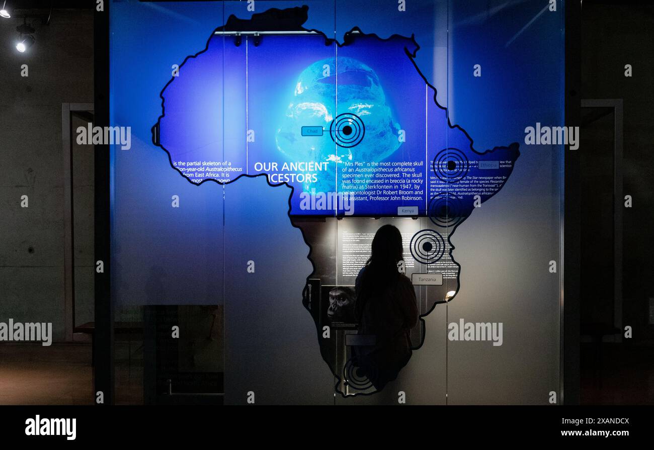 Gauteng, South Africa. 7th June, 2024. A visitor is seen at the Maropeng exhibition center, located in the Cradle of Humankind World Heritage Site, in Gauteng Province, South Africa, on June 7, 2024. The World Heritage listed Cradle of Humankind caves have produced a rich collection of human ancestor fossils. Credit: Zhang Yudong/Xinhua/Alamy Live News Stock Photo