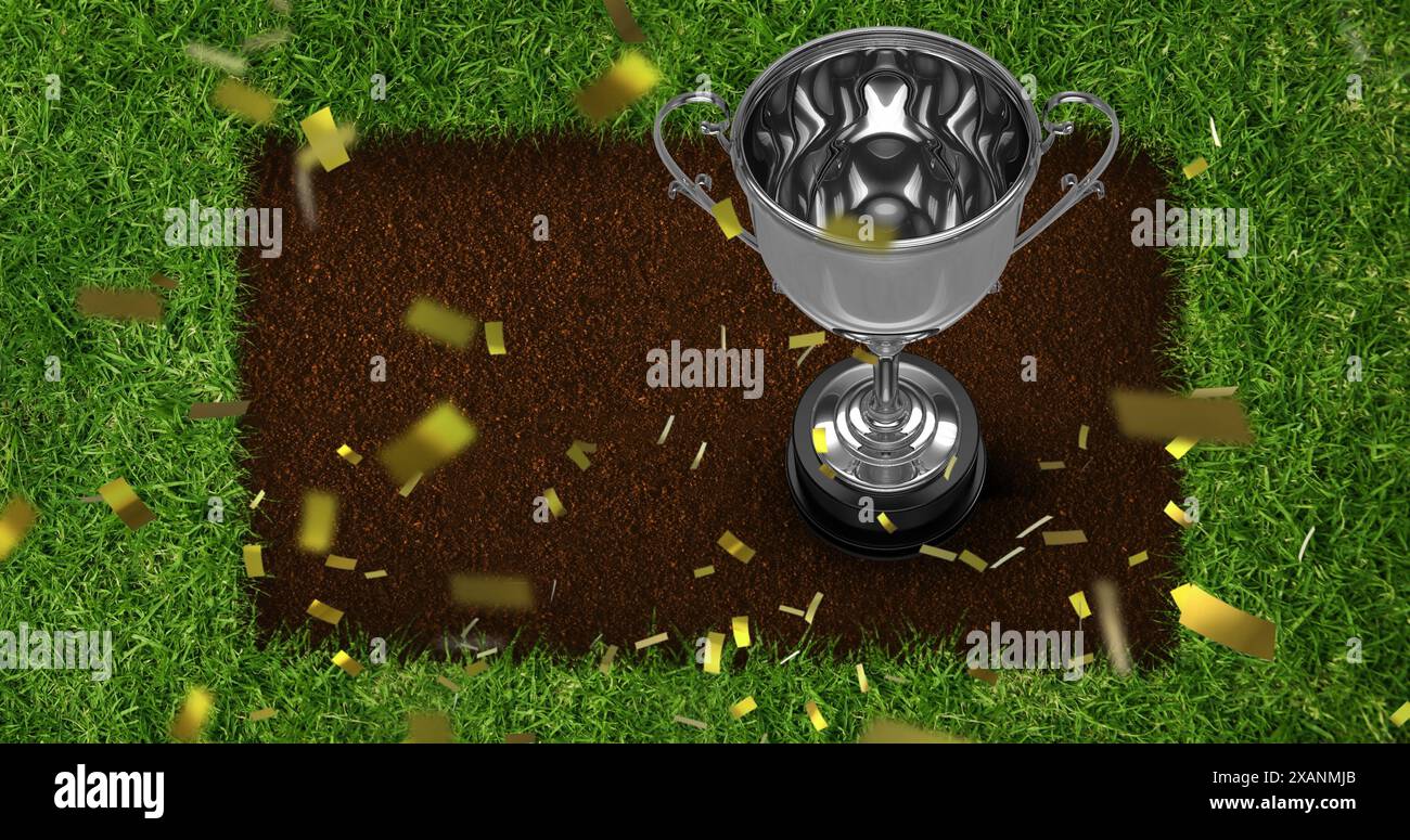Image of confetti over cup and stadium Stock Photo