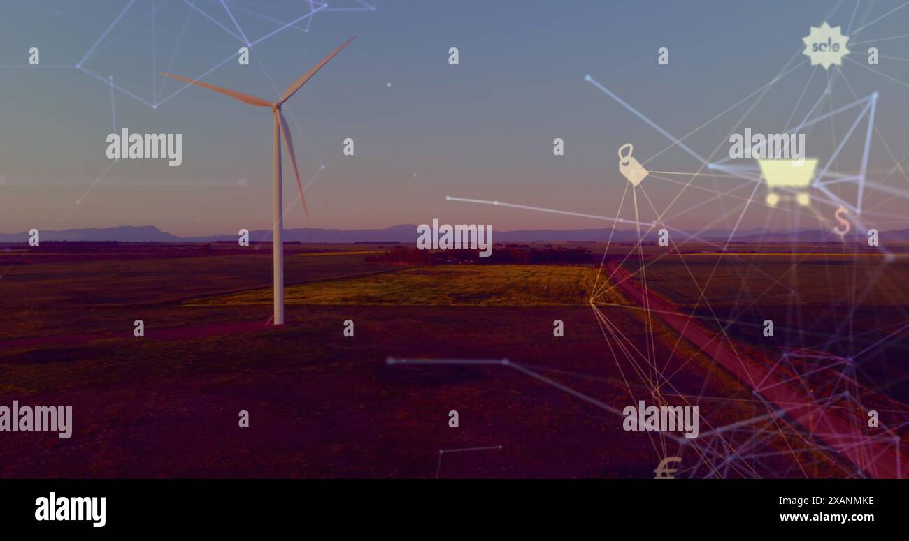 Image of icons and connections over wind turbine and landscape,, copy space Stock Photo