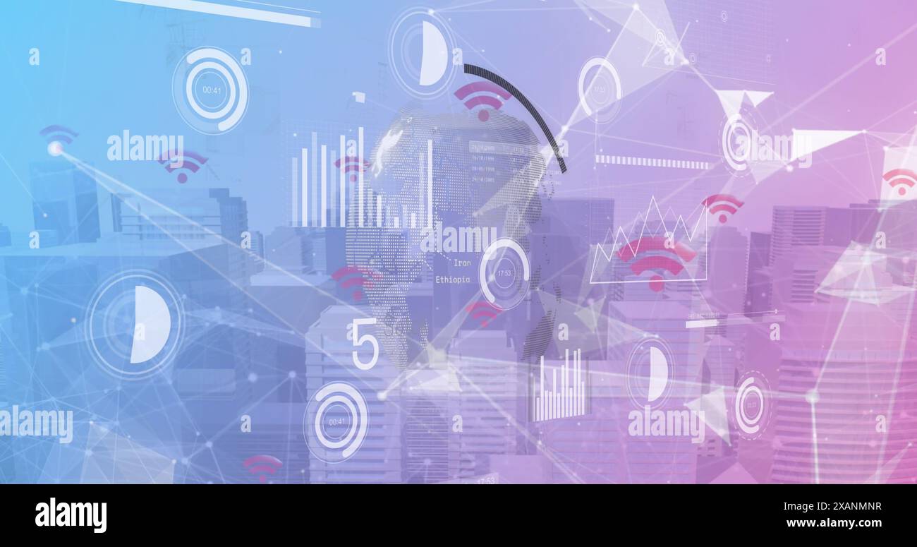 Image of plexus networks and interface with data processing against tall buildings Stock Photo
