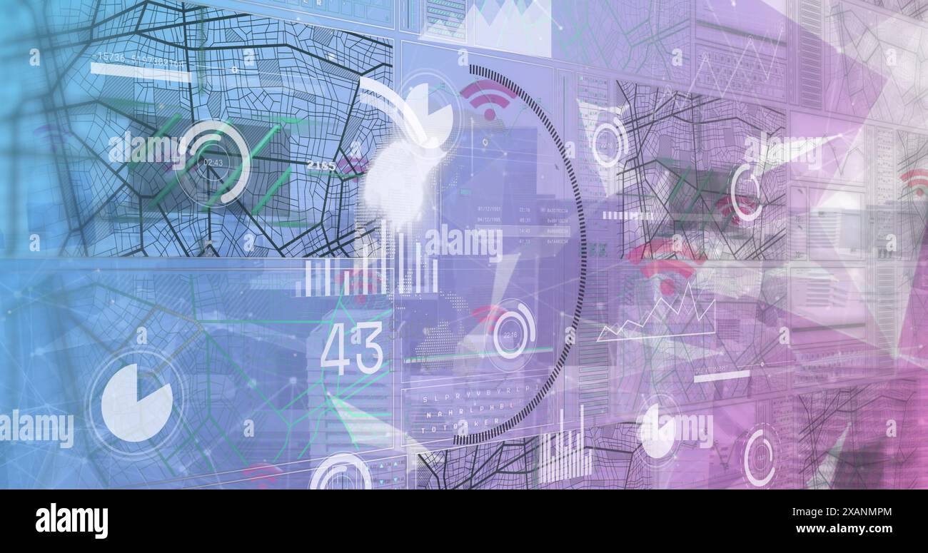 Image of plexus networks and interface with data processing against tall buildings Stock Photo