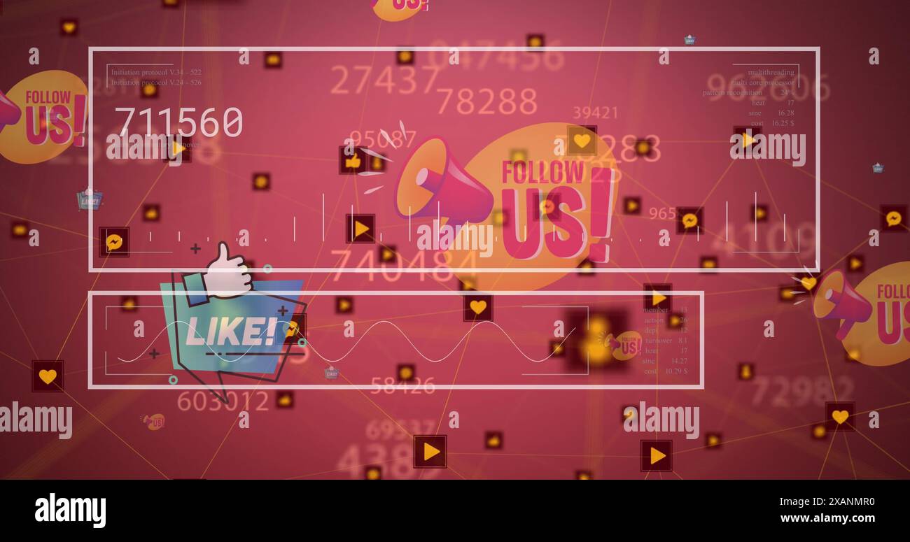 Image of network of digital icons and social media icons against red ...