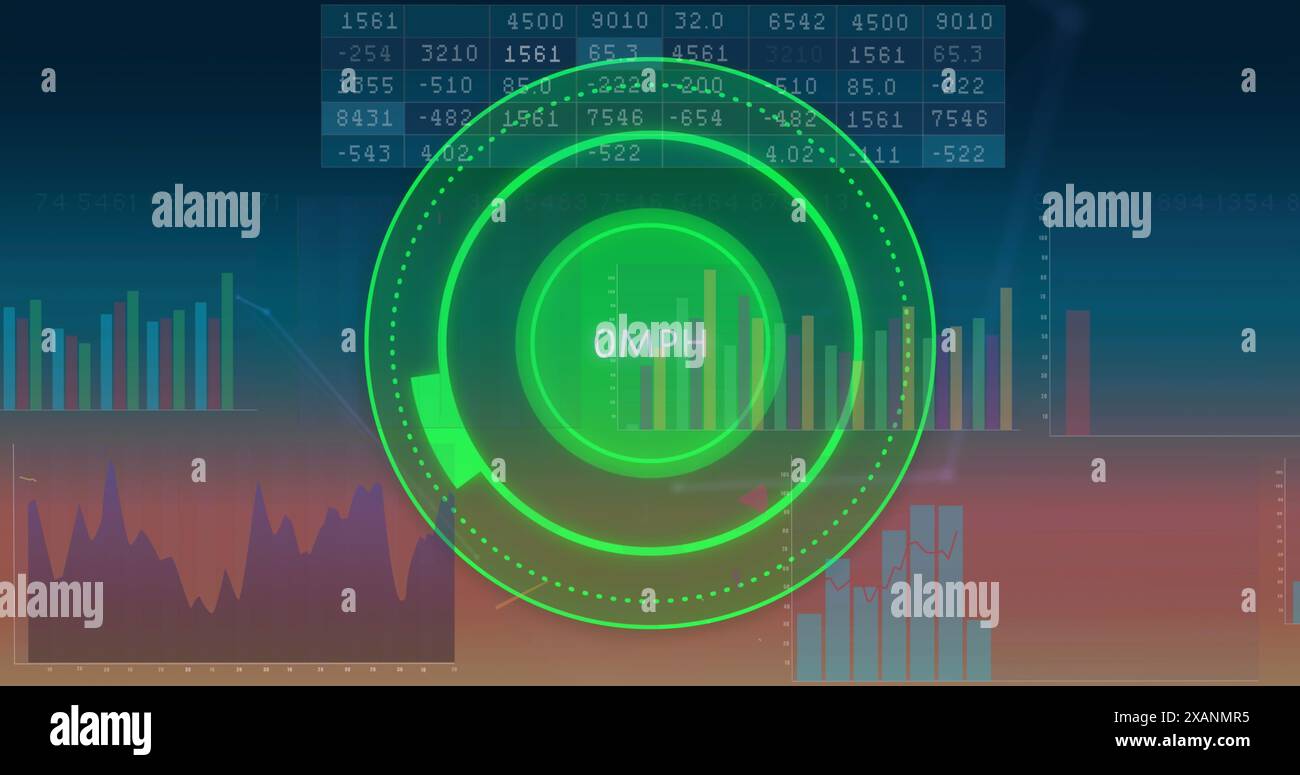 Image of speedometer over network of digital icons and statistical data processing Stock Photo