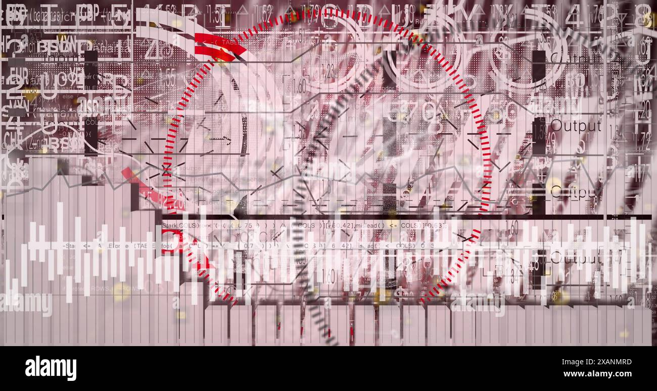 Image of interface with data processing against red background Stock Photo
