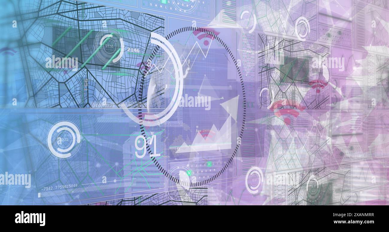 Image of plexus networks and interface with data processing against tall buildings Stock Photo