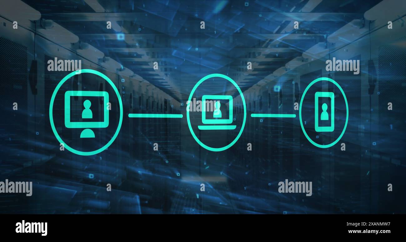 Image of icons, neon lines, data processing over servers Stock Photo