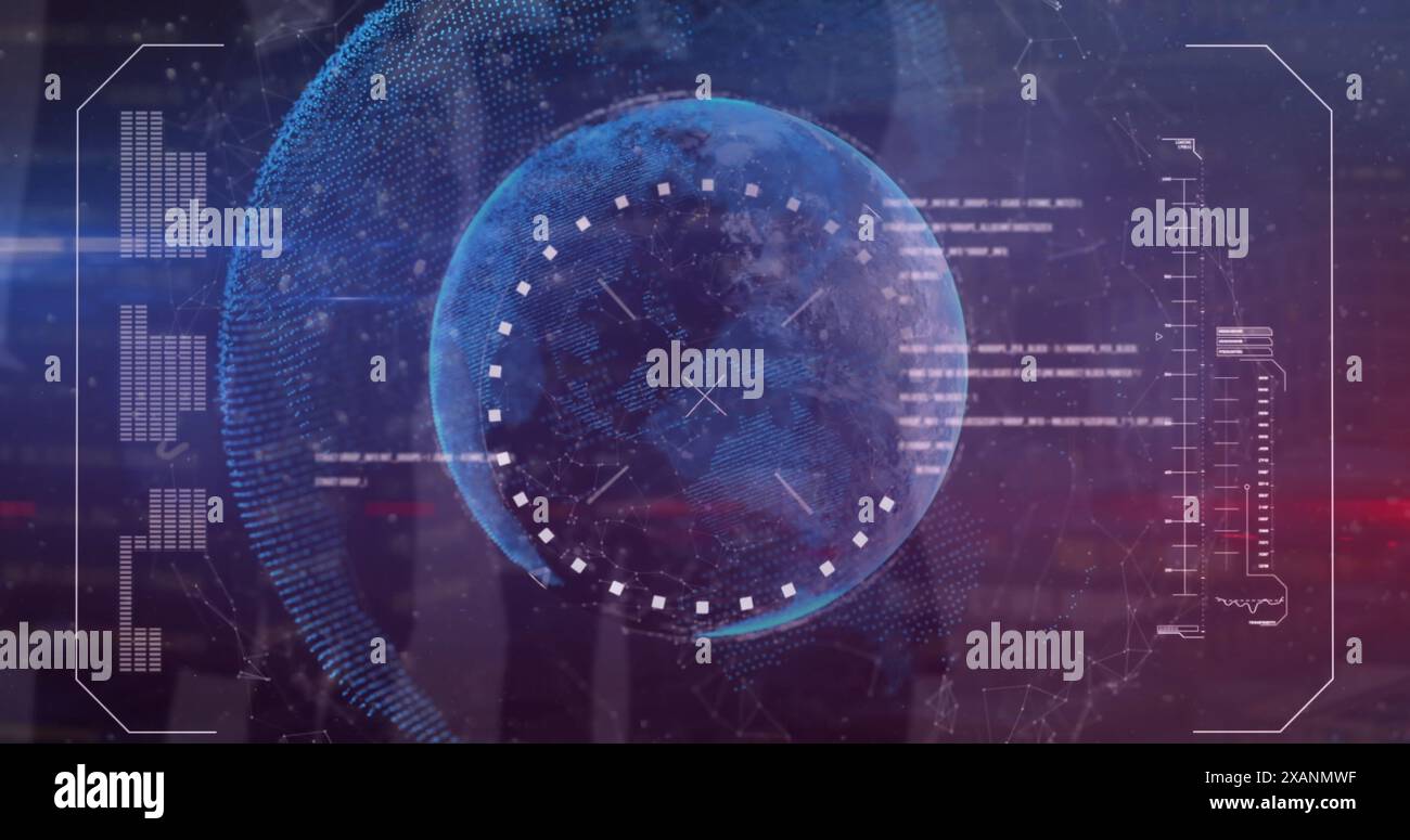 Image of interface with data processing over a globe against blue ...