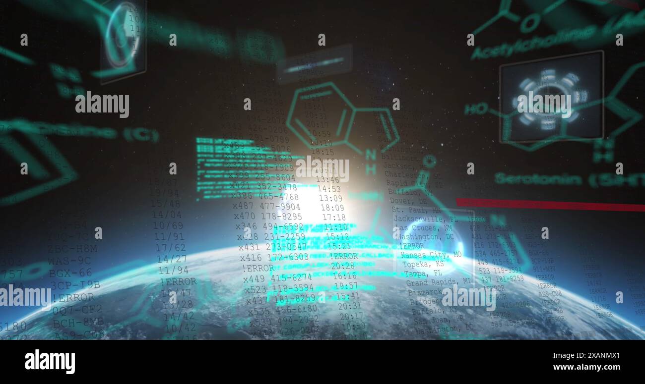 Image of chemical structures and data processing against globe and light spot Stock Photo