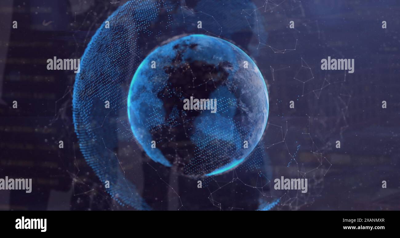 Image of interface with data processing over a globe against blue ...