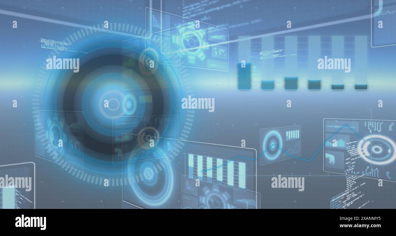 Image of round scanner and data processing against glowing light spot on blue background Stock Photo