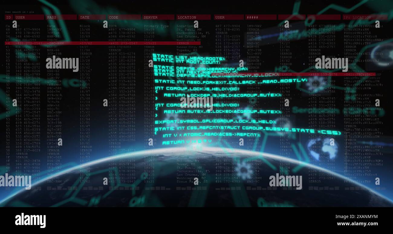 Image of chemical structures and data processing against glowing light spot over globe Stock Photo