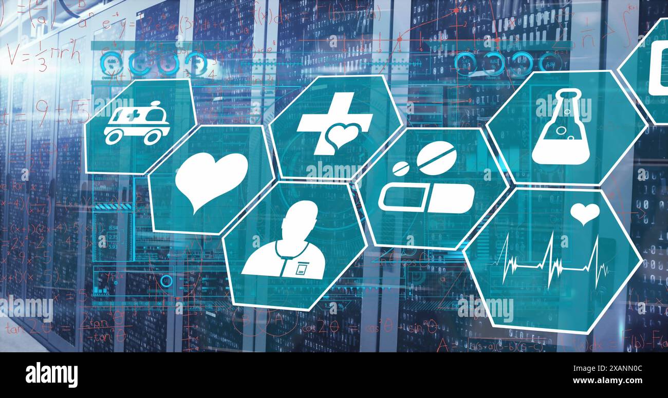 Image of data processing with medical icons over server room Stock ...