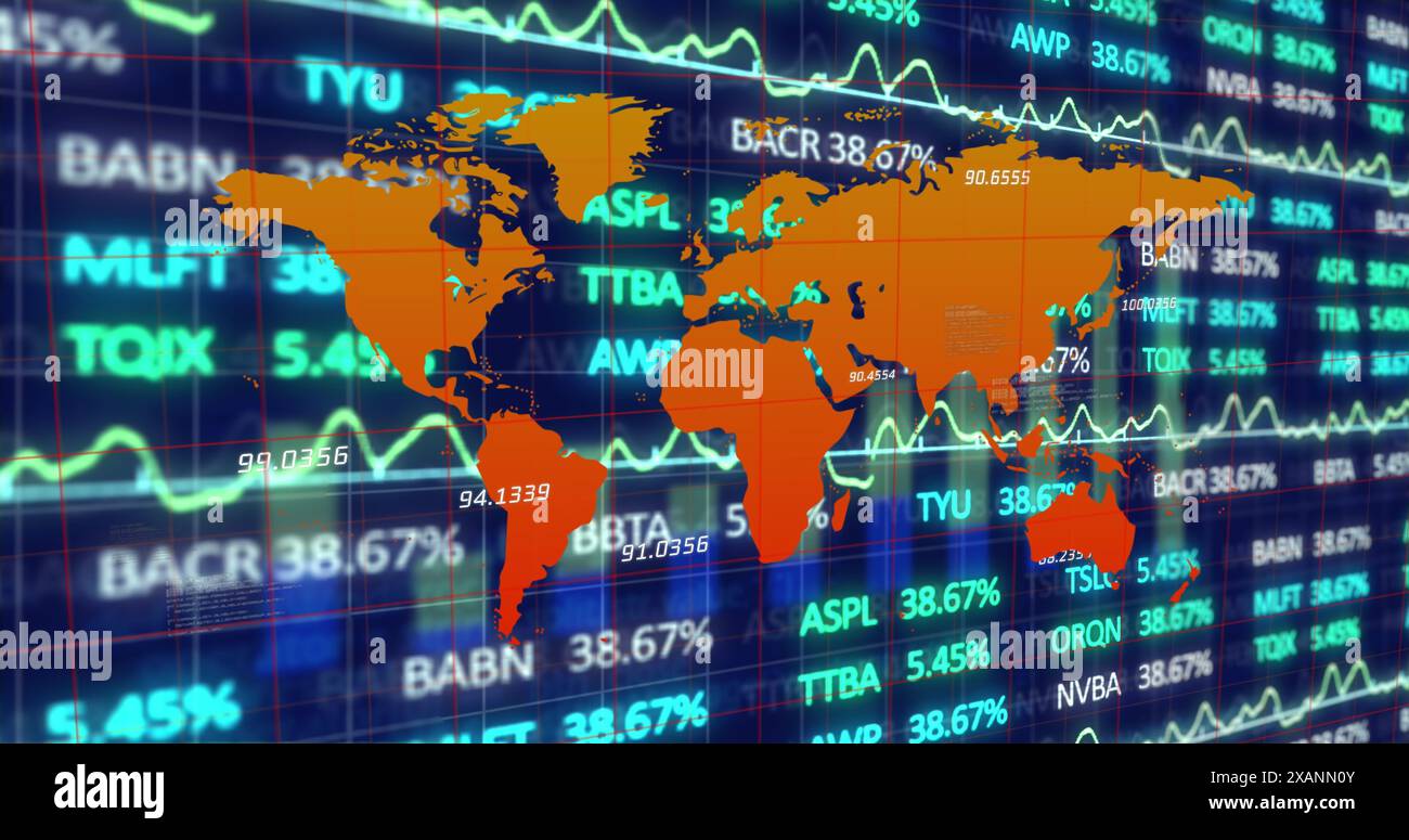 Image of financial data processing over world map Stock Photo - Alamy