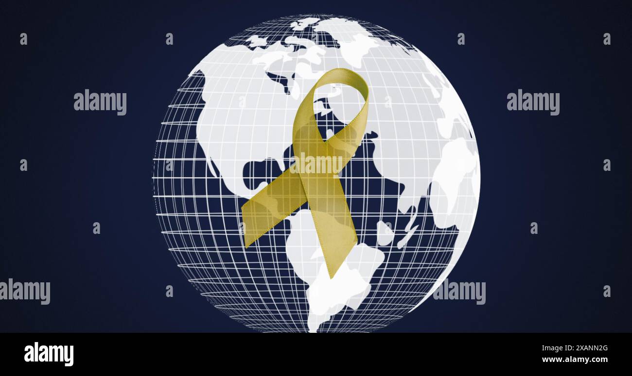 Yellow Ribbon Spinning Image of yellow ribbon over spinning globe on blue background, copy ...