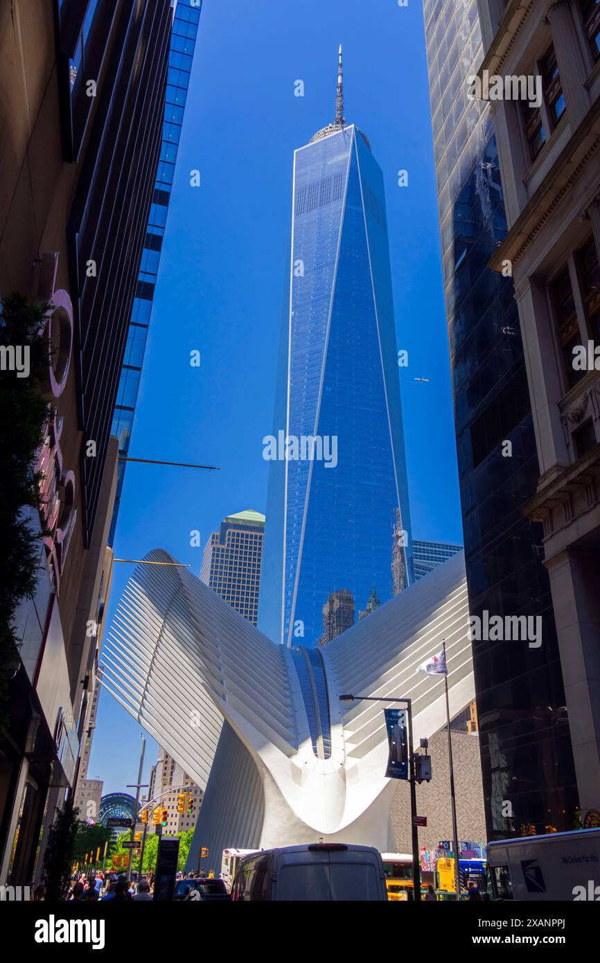 Westfield World trade center shopping mall in Lower Manhattan and Financial District on a sunny evening, New York, NY. USA. Stock Photo