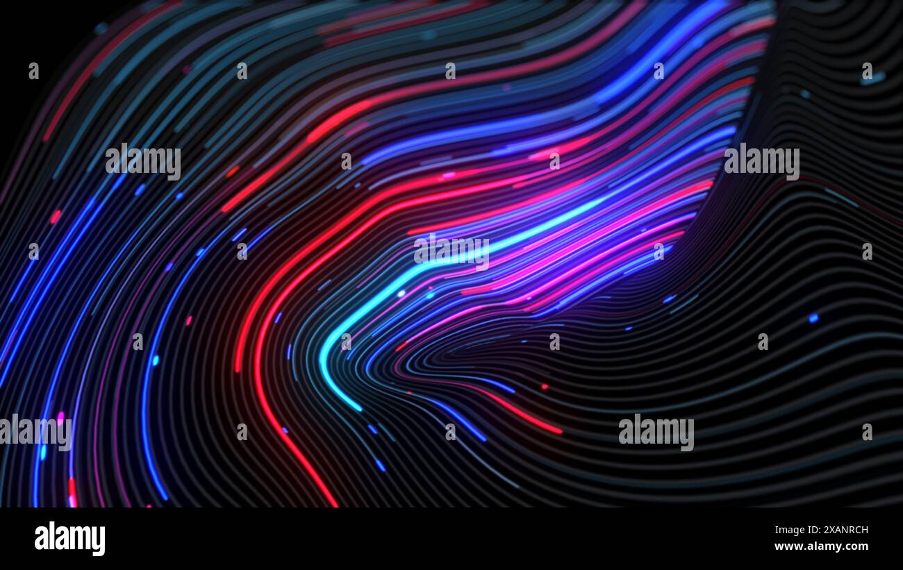 This abstract image depicts the flow of data through fiber optic cables, visualized as a mesmerizing wave of bright blue and red lines. Stock Photo