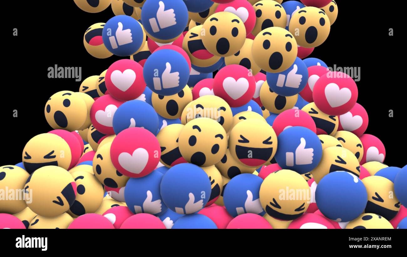 A digital image showcasing a multitude of colorful emoji icons. The emojis include various expressions such as happy, surprised, laughing. Stock Photo