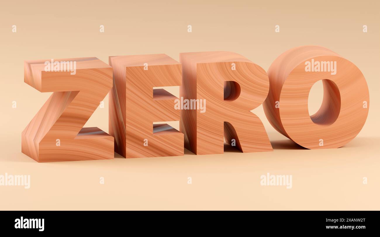 Luxury purple wooden inscription zero on beige podium, soft light, front view smooth background, 3d rendering Stock Photo