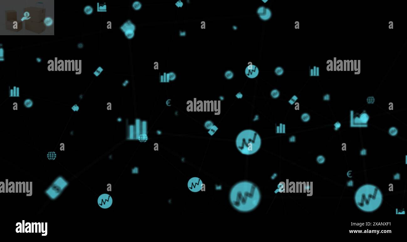 Image of technology icons floating on black background, copy space Stock Photo