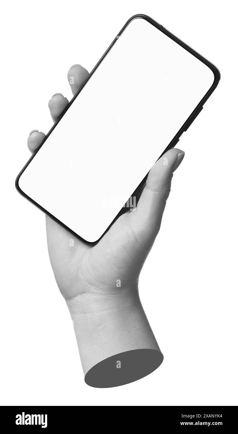 Woman's hand holding mobile phone with empty screen isolated on white ...