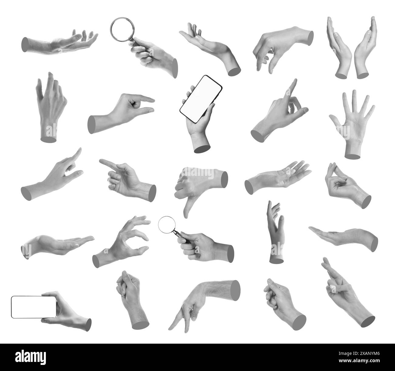 Set of different hand gestures isolated on white, black and white Stock ...