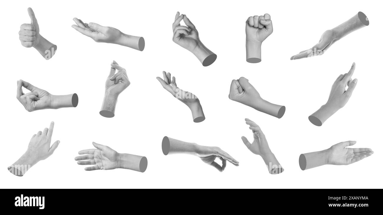 Set of different hand gestures isolated on white. Black and white ...