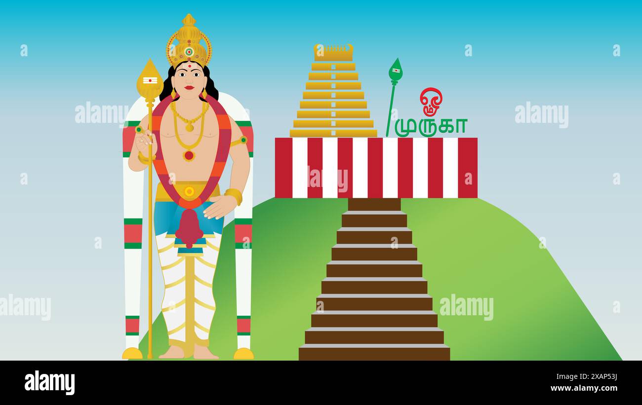 Vector illustration of Hindu God Murugan Skanda Kartikeya Subrahmanya .along with his temple Stock Vector
