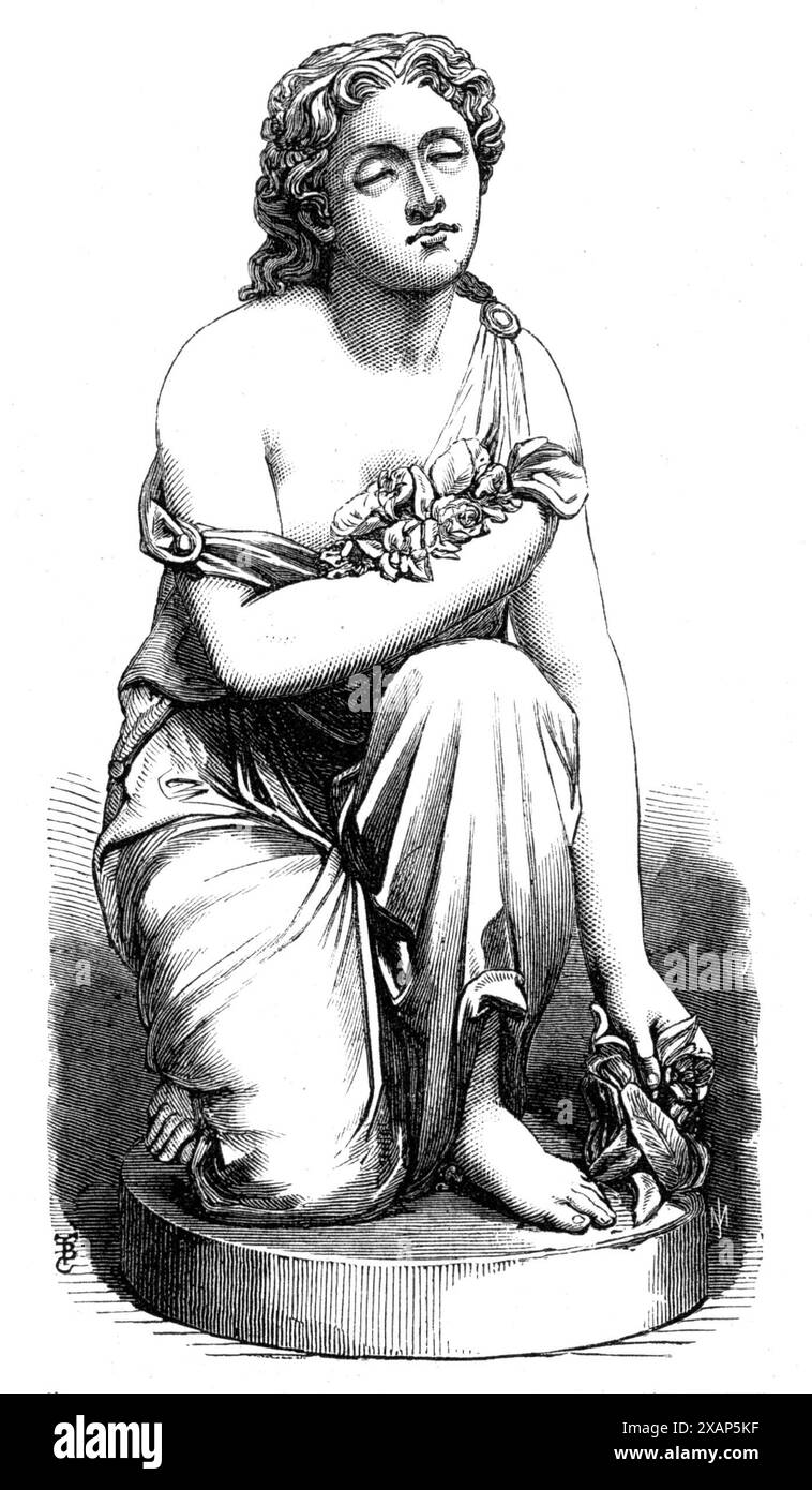 &quot;Nydia, the Blind Flower-Girl of Pompeii, gathering flowers in the garden of Glaucus&quot;, by C. F. Fuller, in the Royal Academy exhibition, 1868. Sculpture inspired by Lord Lytton's &quot;Last Days of Pompeii&quot;. 'That portion of the narrative...seems in particular to offer a subject very susceptible of artistic treatment, and it has accordingly found a worthy illustrator in Mr. Fuller, of Florence, one of the most distinguished of our younger race of sculptors. Regarded from a technical point of view, this marble statue appears to us to indicate a marked advance in power on the part Stock Photo
