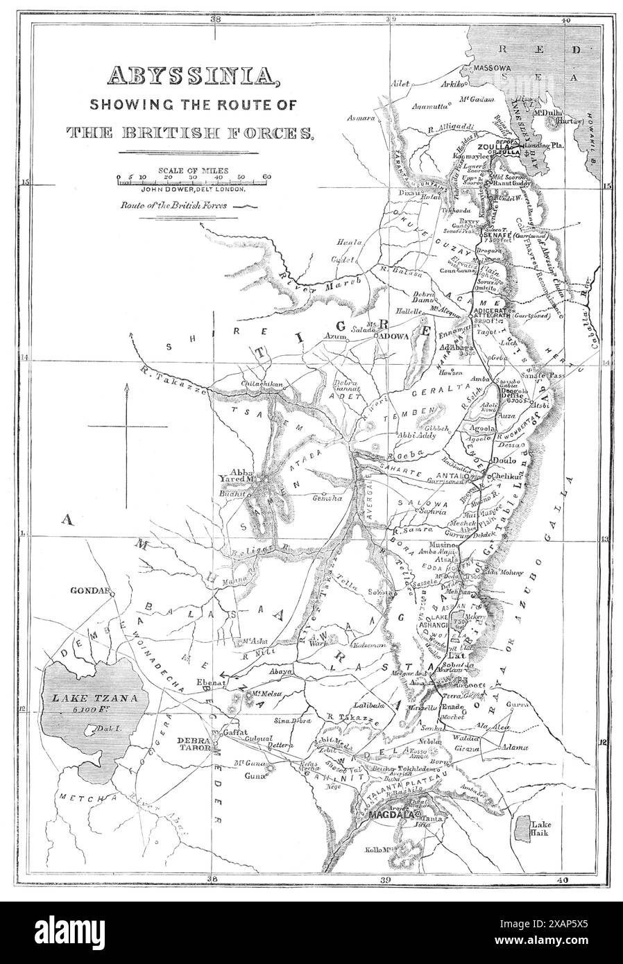 Abyssinia, showing the route of the British forces, 1868. 'A map of Abyssinia, showing the whole route of the British army, under General Sir Robert Napier, from its landing-place at Zulla, in Annesley Bay, to its destination at the fortress of Magdala...A railway is completed from Zulla to Koomaylee, six miles 576 yards; and a further length of five miles 184 yards is now under construction. The telegraph line is completed from Zulla to Adigerat, a distance of 101 miles, and is being carried on towards Antalo. The Secretary of State for India has received the following telegram from Sir R. Na Stock Photo