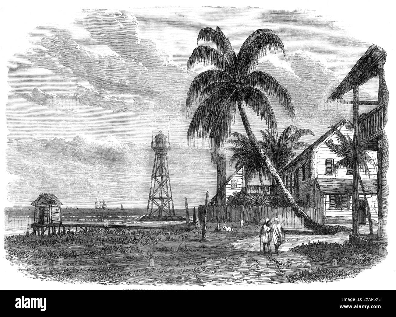 Aspinwall, Central America: Lighthouse Point, 1865. 'The seaport town of Aspinwall, on the coast of New Granada, in the Gulf of Mexico, is the Atlantic terminus of the Panama Railroad by which passengers are conveyed in a few hours to the shore of the Pacific Ocean. It is, as all the world knows, quite a new place, having been founded on Feb. 29, 1852, by the Panama Railroad Company, and named after one of the most active promoters of the scheme, with the sanction of the New Granadian Government...The roadstead or port of Aspinwall is very exposed; between the months of October and March treme Stock Photo