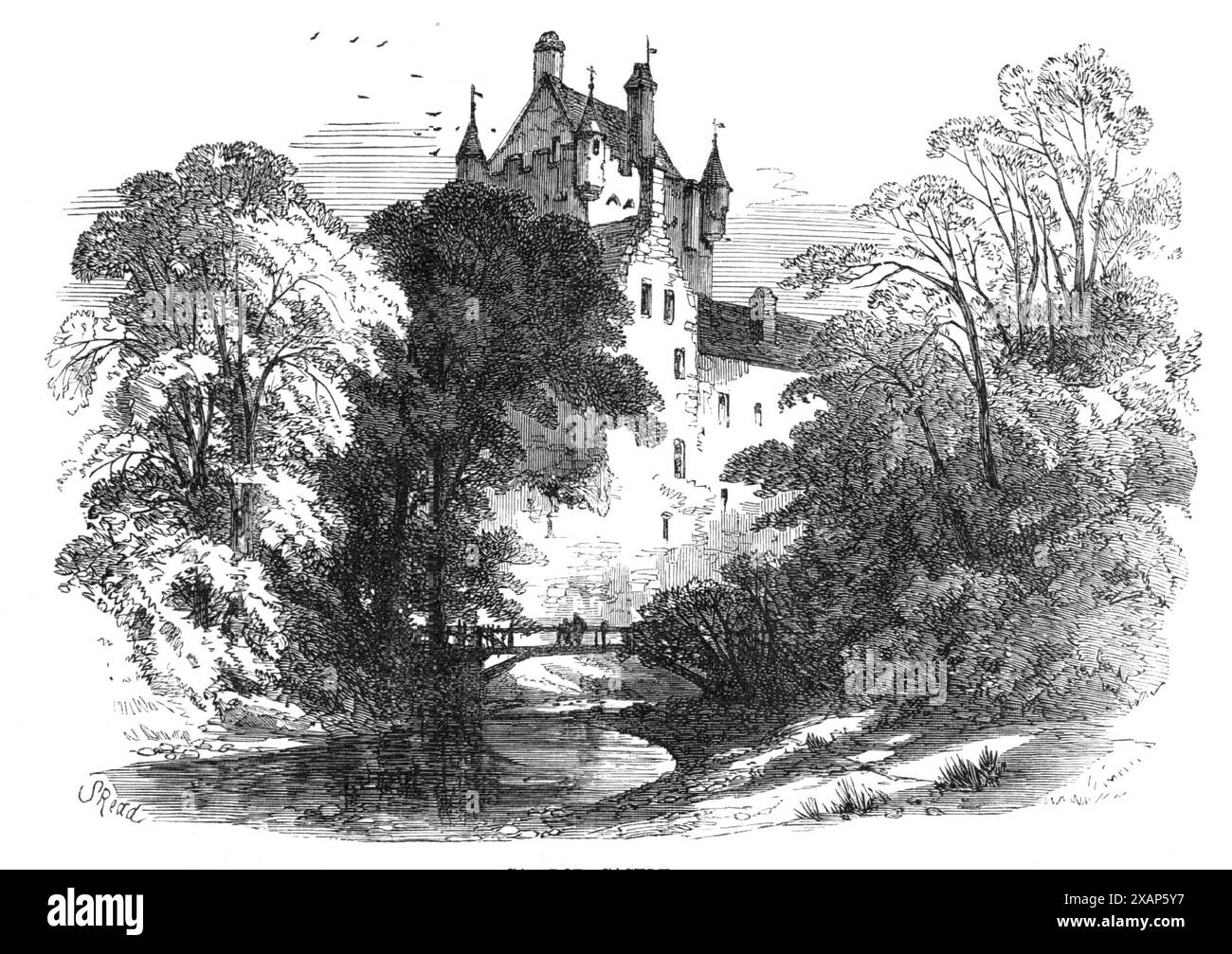 Cawdor Castle, 1868. 'This old Scottish baronial residence, the family seat of the Earls of Cawdor, is pleasantly situated amidst woods and water, at the base of a far-stretching range of hills...If approached from [Nairn,] the traveller will pass over the battle-field of Culloden, at a point where the contest between Prince Charles Edward, the last of the Stuarts, and the Duke of Cumberland was hottest...Mary Queen of Scots stayed here on her return from Inverness, in 1562...It is a bold, castellated mansion of the fifteenth century...there are loopholes in the massive tower behind from which Stock Photo