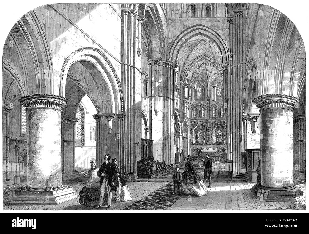 Interior of the Church of St. Cross, Winchester, lately restored, 1865. Engraving from a photograph by Mr. Savage. A Norman cathedral in miniature, it was '...commenced in the year 1135 by Henry de Blois, Bishop of Winchester...It is...universally acknowledged to be one of the finest existing specimens of Transition Norman architecture in England...at the time of the resignation of the late Master, in 1854-5, the church internally was in a deplorable condition- the walls, piers, Purbeck columns, and stone groined roofs were all coated with whitewash and plaster...Mr. Butterfield was appointed Stock Photo