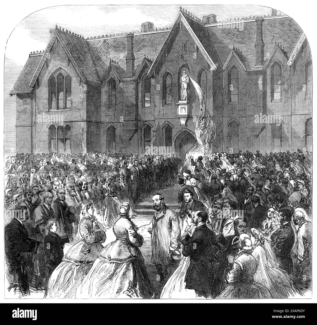 Opening of the Royal Albert Infirmary, and unveiling the statue of the late Prince Consort, at Bishops Waltham, in the presence of Prince Arthur and the Princesses Helena and Louisa, 1865. 'The profits from the sale of the memoir and speeches of the late Prince Consort, edited by Mr. Arthur Helps, the well-known essayist and historian...have also been devoted to the funds of the Bishop-Waltham Royal Infirmary. These circumstances partly explain the presence of their Royal Highnesses Princesses Helena and Louisa, with Prince Arthur, at the formal opening of the institution, on Tuesday week, and Stock Photo