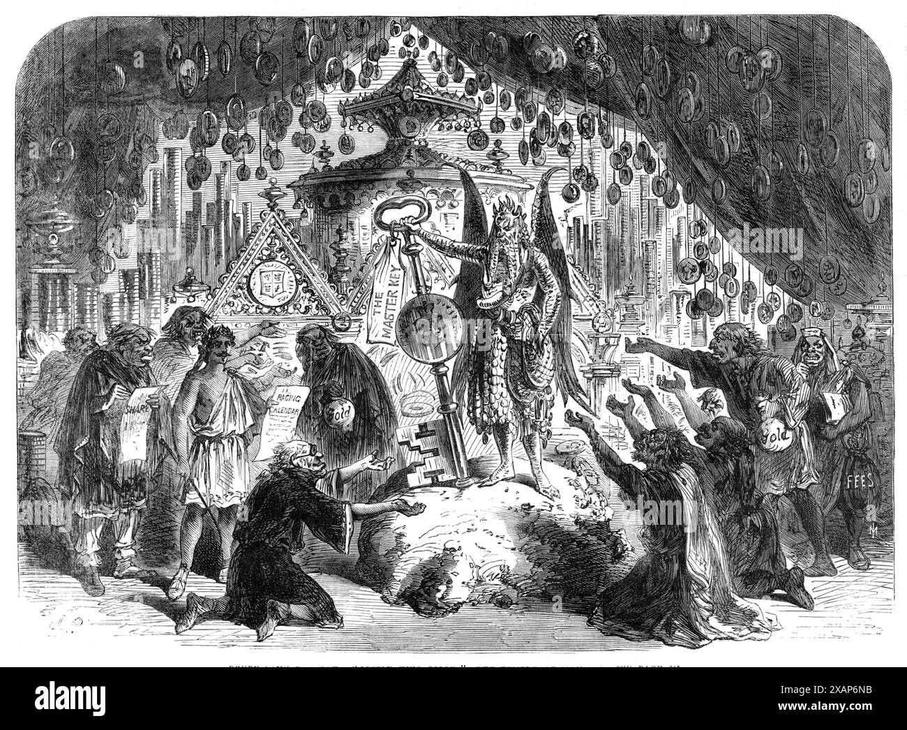 Scenes from the Christmas pantomimes: Drury Lane Theatre: &quot;Little King Pippin&quot; - the Temple of Mammon, 1865. London stage production of &quot;Little King Pippin; or, Harlequin Fortunatus and the Magic Purse and Wishing-Cap.&quot; 'Messrs. Falconer and Chatterton are reported to have expended a mint of money on its representation...The induction opens with the Temple of Mammon,...the dirty deity himself being rather too majestically represented by Mr. Henri Drayton, who supplies Fortune with the inexhaustible purse, which, ultimately, she bestows on Fortunatus (Miss Augusta Thompson). Stock Photo