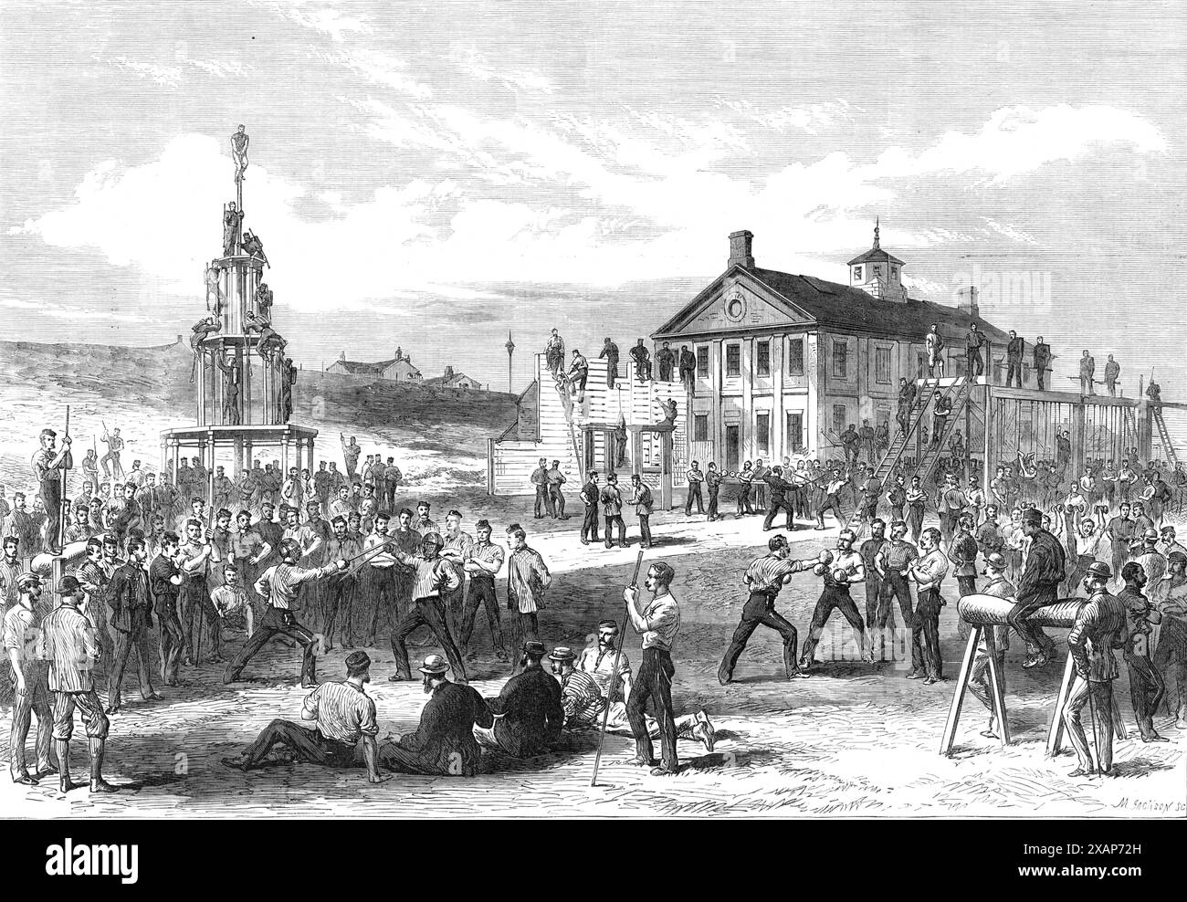 The Camp at Aldershott: the gymnasium, 1868. 'Outside the building sham forts are erected for the practice of escalading...The object of the system is to develop and increase the physical powers of soldiers, and to render them more fit for their varied duties in the field...It is arranged that every recruit should go through a three-months' course of training...In addition to instructors in gymnastics, fencing-masters for cavalry regiments are also prepared. The recruits are trained in fencing, and the use of every weapon is ably taught, as well as all athletic exercises. The training consists Stock Photo