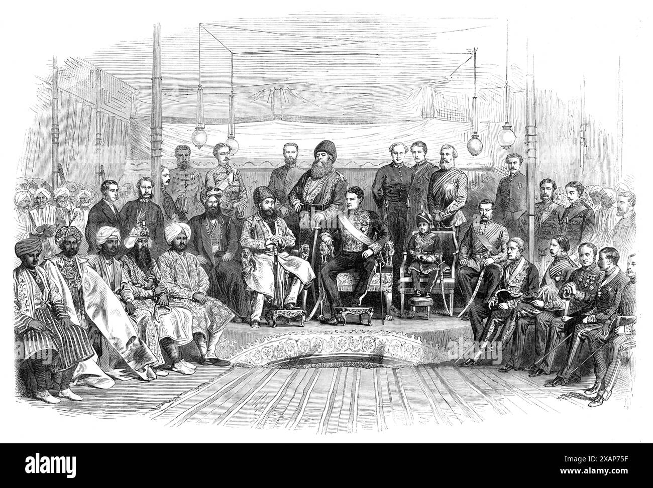 The Durbar at Umballah: meeting of the Governor-General of India and the Ameer of Cabul, 1869. Engraving from a photograph by Captain Taylor, aide-de-camp, showing '...members of Council, Lieutenant-General Lord Napier of Magdala,...native chiefs of India...,and high civil and military officers from all parts of India. On the left: a young native sirdar; the Nawab of Moleir Kotlah; the Rajah of Kuppoorthulla; the Rajah of Nabha, the Rajah of Jheend, and the young Maharajah of Puttiala. Behind: Mr. Forsyth, Commissioner of Jullunder; Major-General Taylor, C.B., Commissioner of Umballah. In the Stock Photo