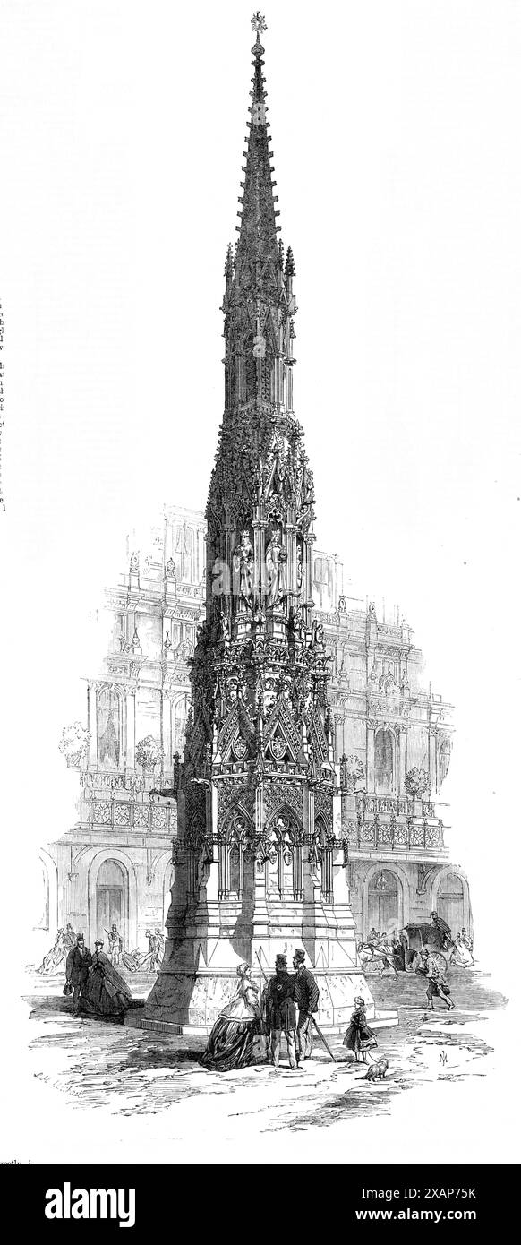 The Eleanor Cross restored, in front of the Charing-Cross Hotel and Railway Station, [London], 1865. Fanciful reconstruction of the medieval cross. 'The very beautiful cross...is designed as a restoration of a most interesting historical memorial...the last...of the twelve crosses which marked the resting-places of the funeral procession which conveyed the body of Queen Eleanor, wife of Edward I...to her tomb in Westminster Abbey...The cross at Charing, like so many other precious monuments of the art of the Middle Ages, was swept away by iconoclastic Puritan bigotry in 1647...Mr. Edward M. Ba Stock Photo