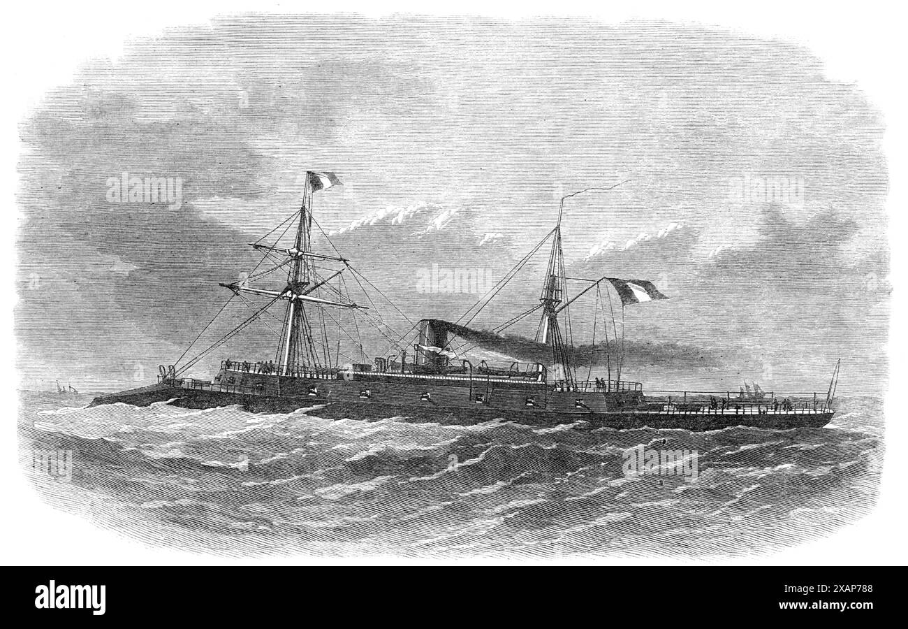 The French ironclad Rochambeau, formerly the American Dunderberg, 1868. Ship '...purchased by the French Government from the United States...[She] is a very formidable vessel of war...[and] may be described as a shotproof iron fort, mounted upon an iron hull, with fore and aft decks, likewise of iron, which are but little raised above the water-level. These parts of the hull, as well as the midships portion, are shotproof, the stern part containing the screw-propeller and steering apparatus, while the fore part is armed with a beak to pierce the sides of an enemy's ship. This vessel was built Stock Photo