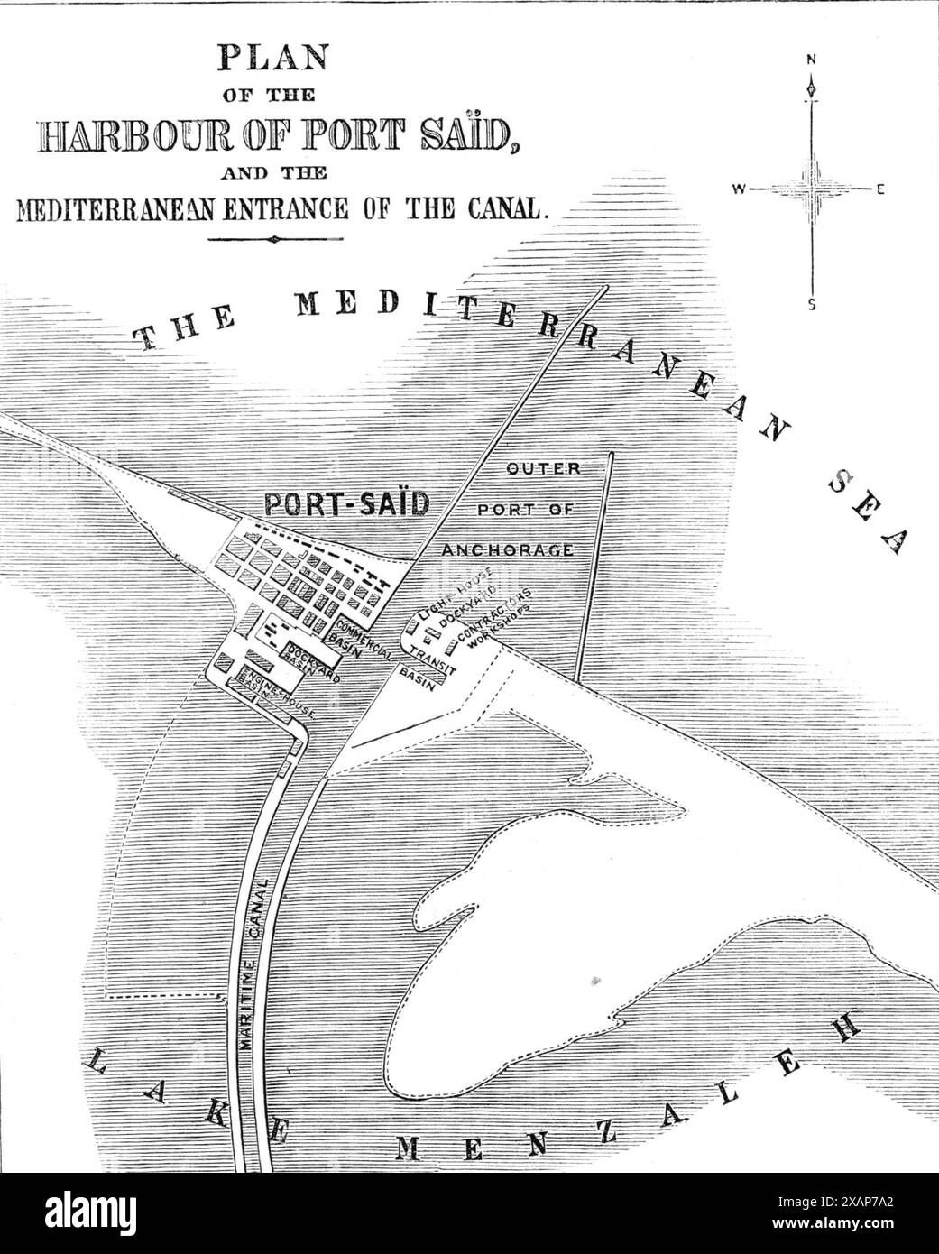 The Isthmus of Suez Maritime Canal: plan of the Harbour of Port Sa&#xef;d and the Mediterranean entrance of the Canal, 1869. Map of '...the new artificial harbour [which] has been constructed by running out into the sea two breakwaters, or moles, which are formed of huge blocks of concrete...The western breakwater extends from the shore 2400 yards in a straight line towards the north...The eastern breakwater leaves the shore at the distance of 1530 yards of the commencement of the western breakwater, and extends nearly north for a distance of 2070 yards...the harbour is well protected from the Stock Photo