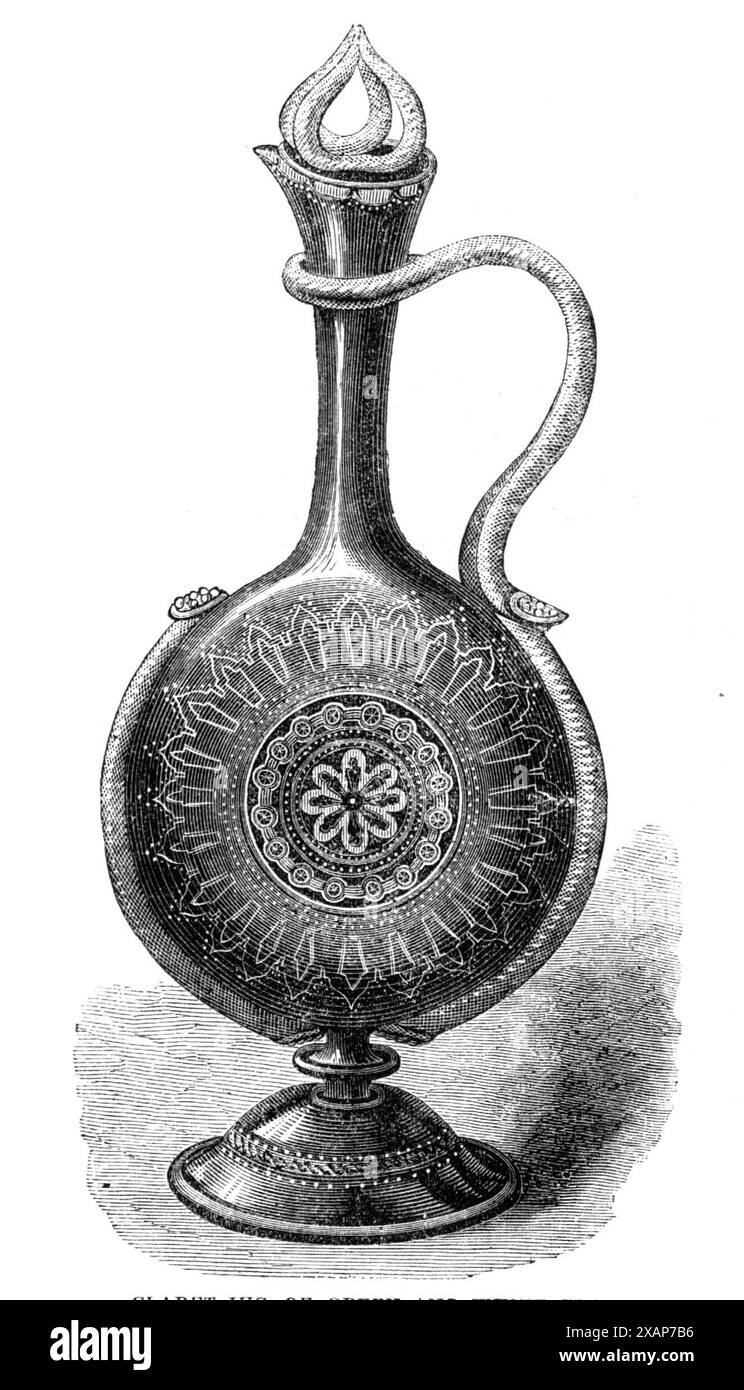 The Loan Collection, South Kensington Museum: claret-jug of green and white glass, ornamented with gold, (modern French), 1868. From &quot;Illustrated London News&quot;, 1868. Stock Photo