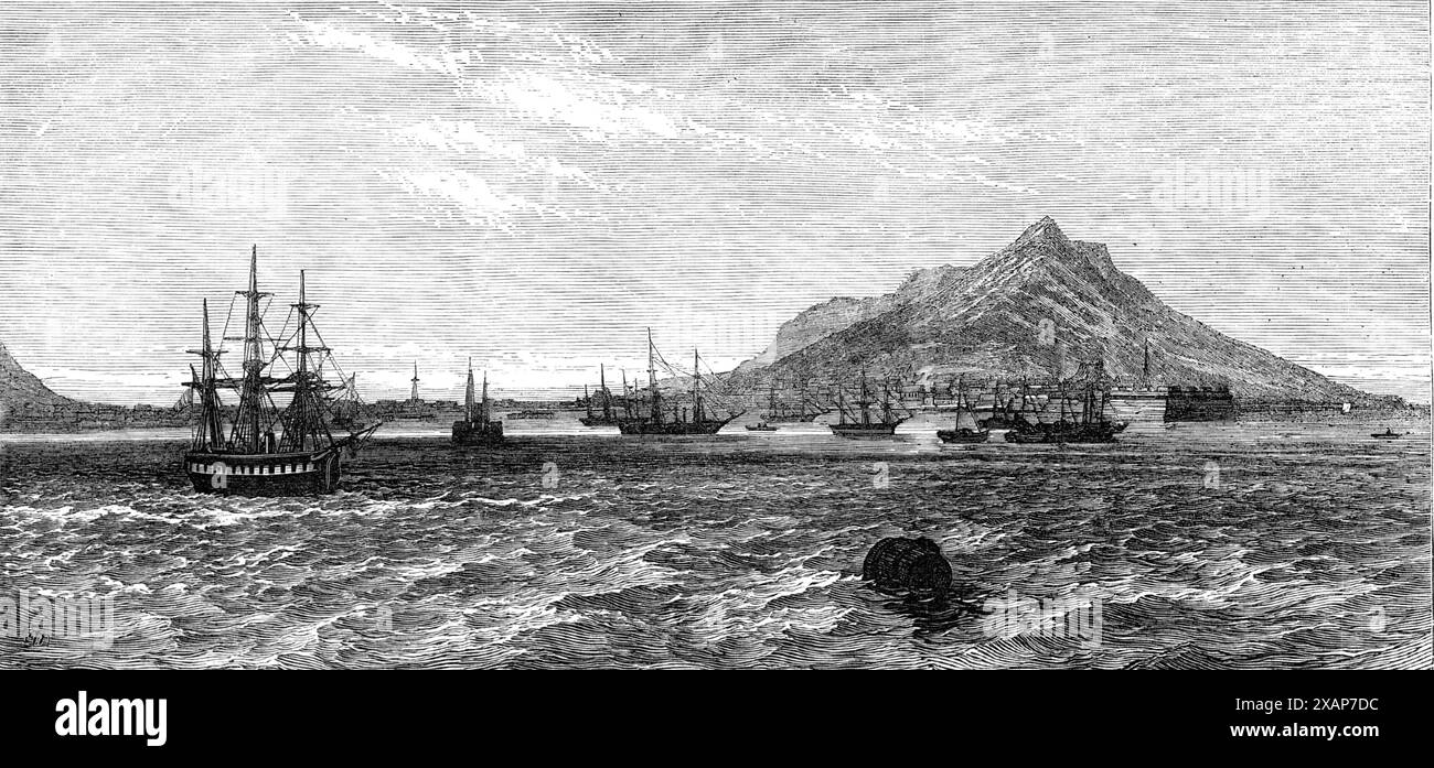 The new treaty port of Hakodadi, Japan, 1869. Engraving of a sketch by Sub-Lieutenant Sydney Holt, '...an officer of H.M.S. Cormorant, sloop-of-war...[which] occupies a central position in this view, while the French war-ship Venus lies...at the left-hand corner; his sketch also shows the steam and other vessels of the native rebel government...The town stands on the north-east slope of a peaked peninsula...connected by a low sandy isthmus with the mainland of Yezo...The harbour is guarded by a fort of massive granite walls, surrounded by a moat...and to be armed with fifty-two guns...Hakodadi Stock Photo