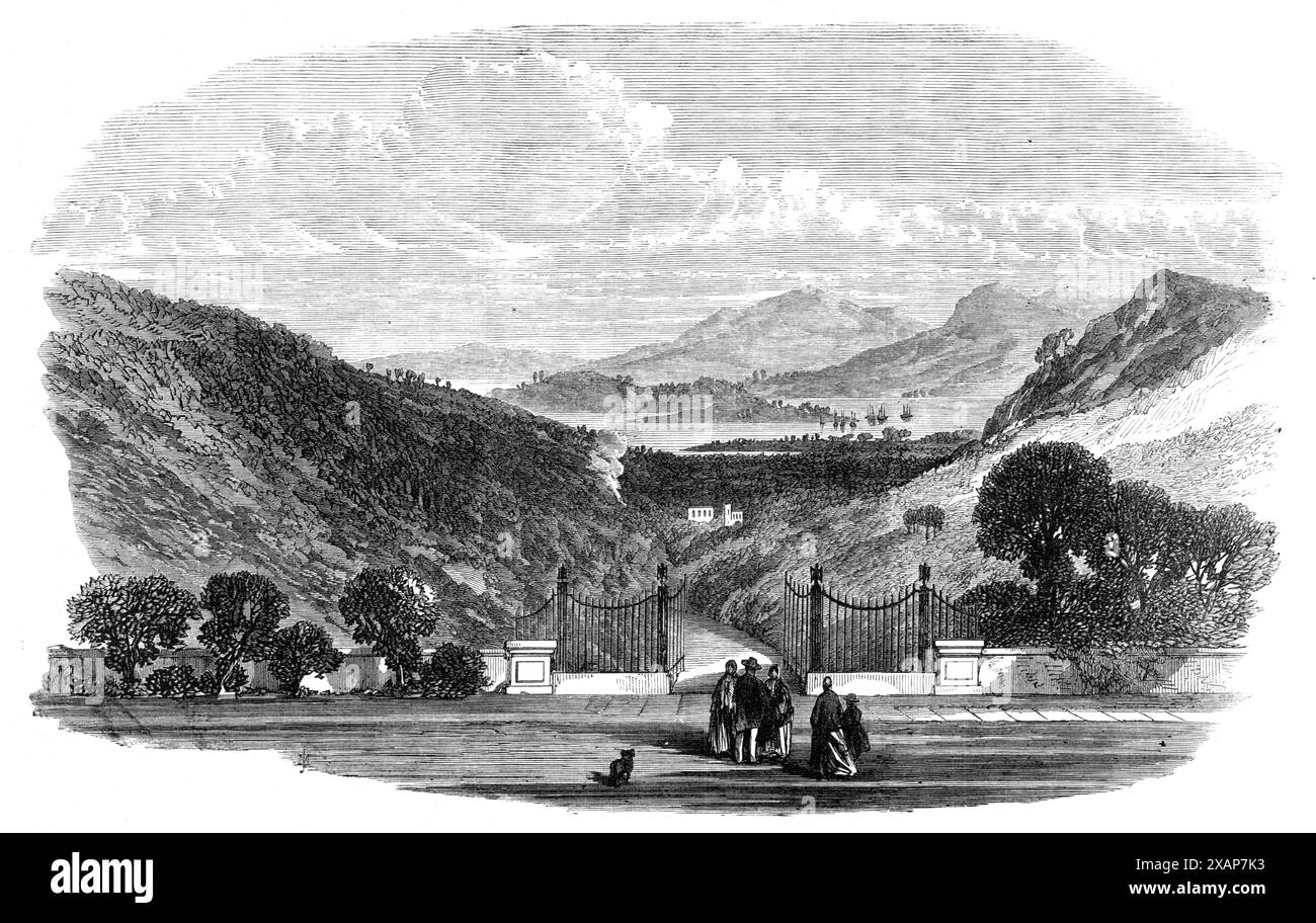 View of Porto Ferrajo, from the Villa San Martino, Elba, 1868. Engraving of a sketch by Mr. P. W. G. Canning, of H.M.S. Caledonia. 'The officers and men of our [ie British] Mediterranean squadron, when cruising last summer, had an opportunity of visiting Elba, which had not been visited by an English man-of-war for some years before, and of seeing Napoleon's residence whilst he was confined to that island...The villa...has a splendid view of Porto Ferrajo, and of the anchorage, upon which Napoleon must often have gazed, as there was an English squadron kept to watch his movements. It is worthy Stock Photo