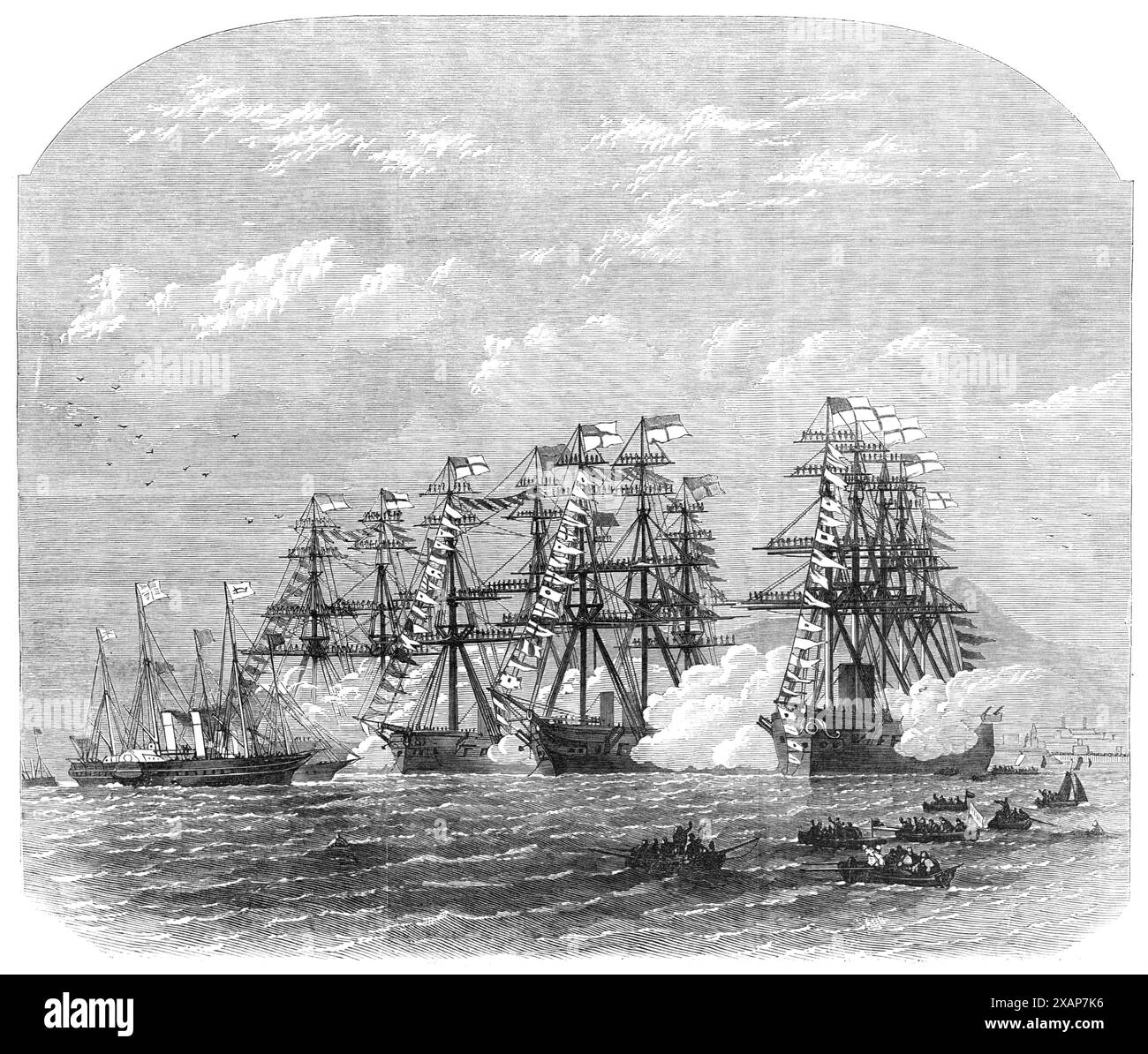 Visit of the Prince and Princess of Wales to Ireland: the iron-clad squadron saluting the Royal Yacht in Dublin Bay, 1868. 'There was little or no wind, and the sea was almost as smooth as the water of a mill-pond. About five miles from land the [Royal yacht] Victoria and Albert was met by the Tarifa, one of the Cunard line of steamers, and several other vessels, which had been dispatched from Dublin and Kingstown to meet the Royal squadron. The Victoria and Albert was saluted by the ironclads in passing through their squadron, with the Enchantress and the despatch-boat Helicon'. From &quot;Il Stock Photo