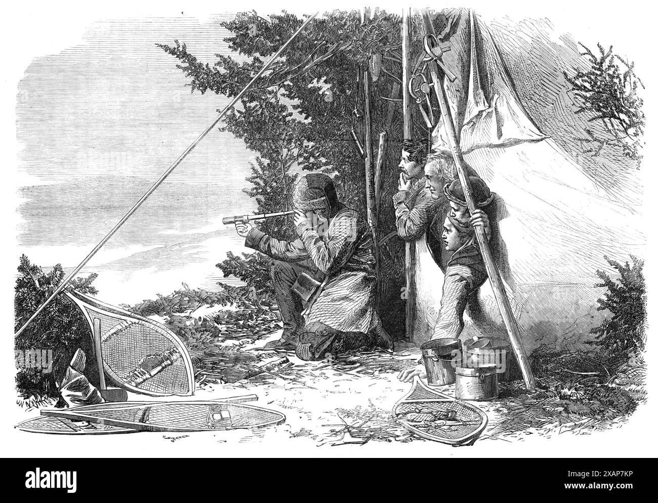 Winter sports in Canada: moose-hunting: game in sight, 1868. Engraving ...