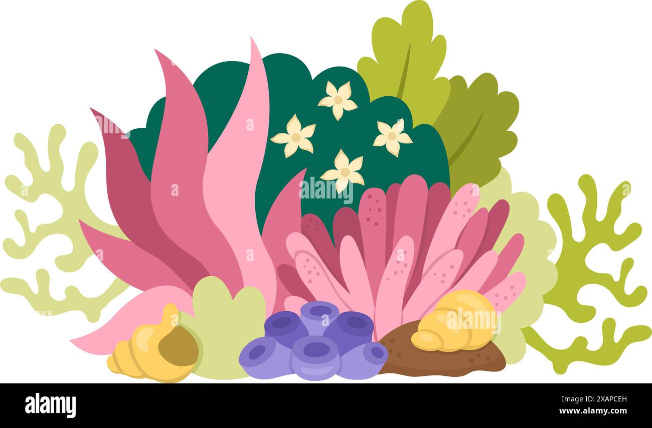 Vector magic seaweed forest landscape. Fairytale underwater world concept with seashells and corals. Fantasy marine nature illustration. Cute fairy ta Stock Vector