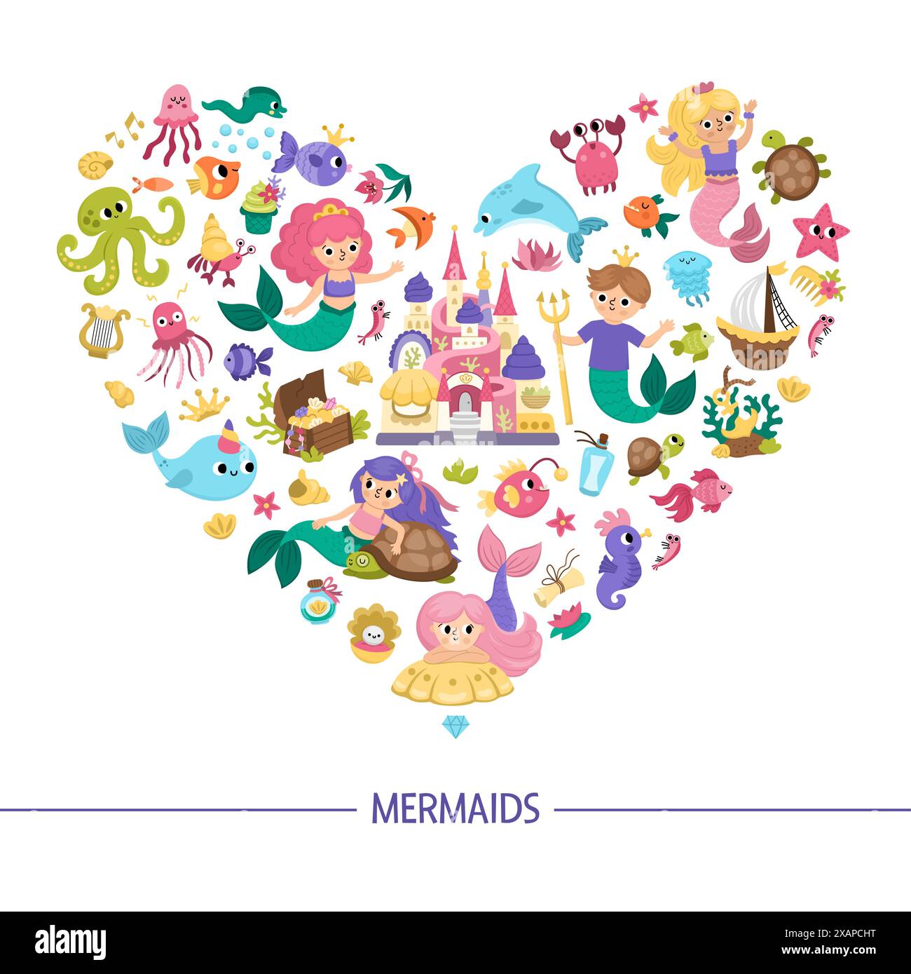 Vector heart shaped frame with mermaids. Underwater kingdom card ...