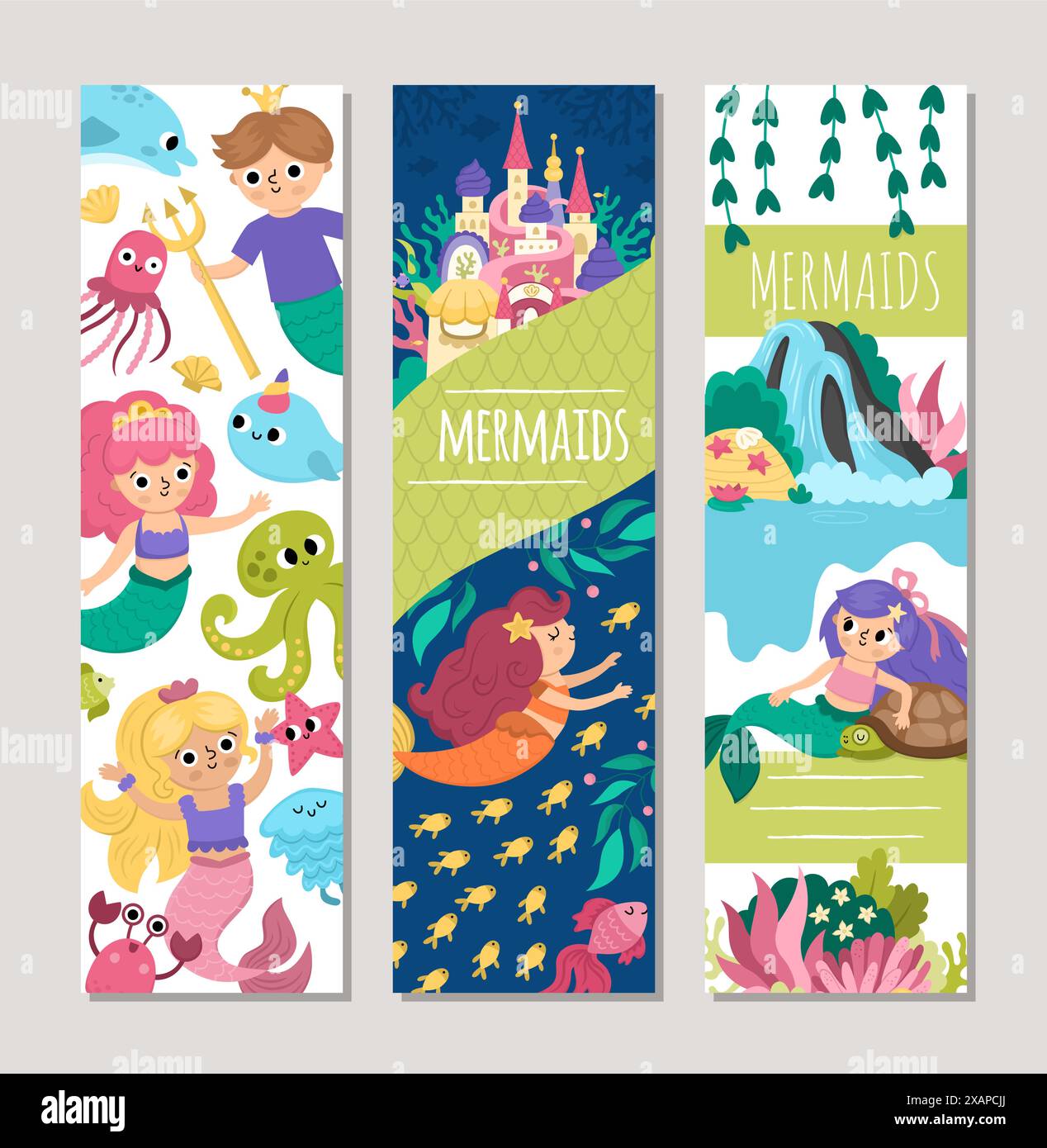 Cute mermaid bookmarks set with princess, fish, castle, animals, prince ...
