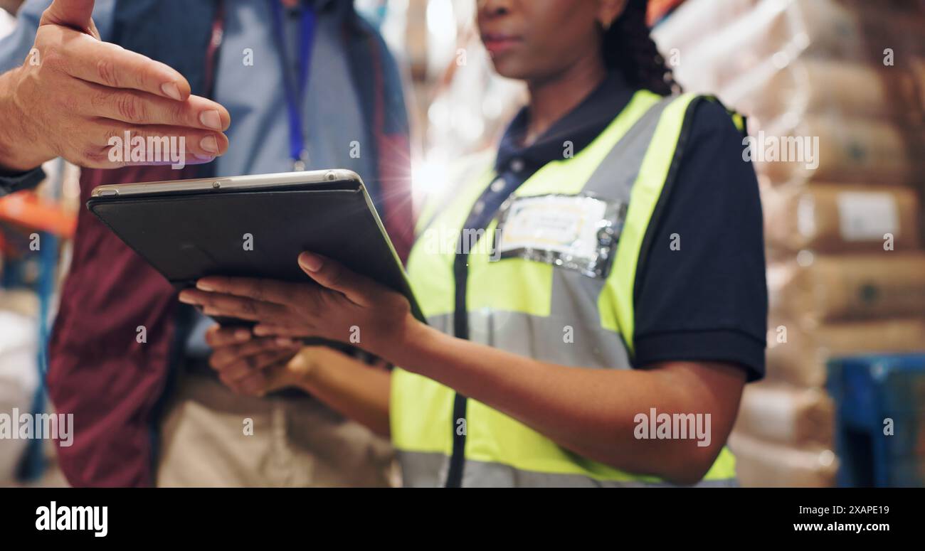 Tablet, hands and team work in logistics warehouse for package ...